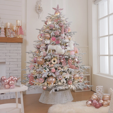 Künstlicher Beflockter Weihnachtsbaum Rosa Schnee Dekoration Ornamente LED Lichter Stern Topper Baumrock Für Zuhause Dekor