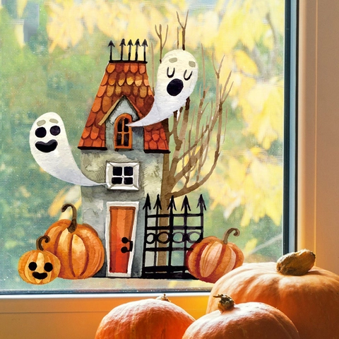 Halloween Window Clings Ghost Pumpkin Haunted House Static PVC Stickers Removable Cartoon Party Decoration For Glass