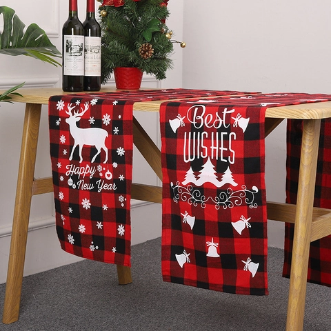 Camino De Mesa De Navidad A Cuadros Rojo Negro Reno Copo De Nieve Decoración De Mesa De Comedor De Tela