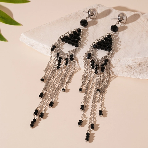 Gotische Geometrische Dreieck Glasperlen Quasten Ohrringe Für Damen Retro Legierung Fransen Mit Silver Earring Post