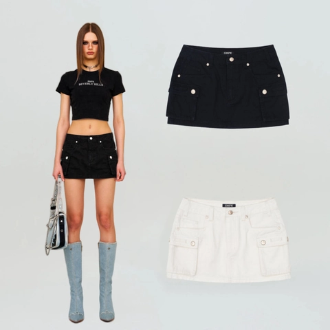 Women Cargo Mini Skirt Cotton Denim Low Waist Chic Streetwear Bodycon Short Skirt With Large Pockets