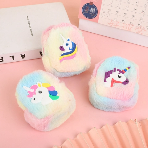 Cute Unicorn Plush Coin Purse Rainbow Gradient Faux Fur Mini Earphone Storage Pouch For Kids Girls Student Key Bag Keychain