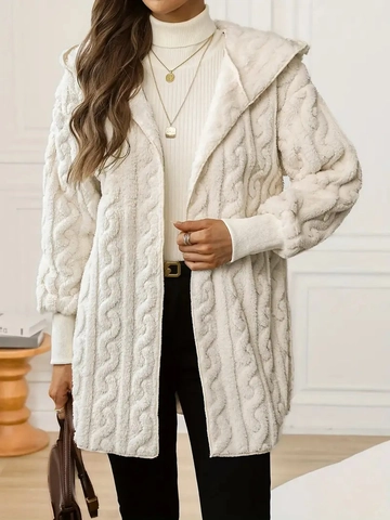 Chaqueta Cardigan Con Capucha Para Mujer Punto De Cable Vellón Cálido Color Sólido Manga Larga Informal Elegante