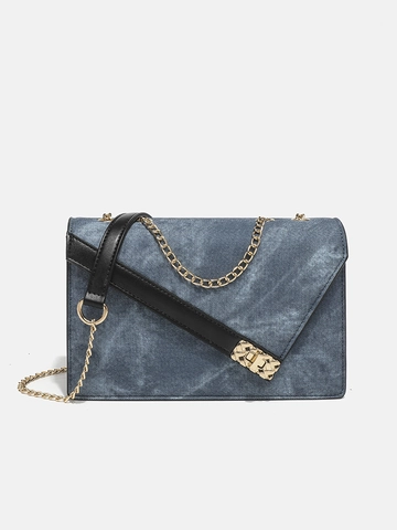 Vintage Denim PU Leather Chain Shoulder Crossbody Bag Square Flap Handbag For Women Gold Hardware