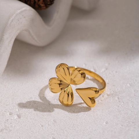 Stainless Steel Adjustable Open Ring 18K Gold Plated Clover Petal Heart Shape Waterproof Sweet Jewelry For Women Girls