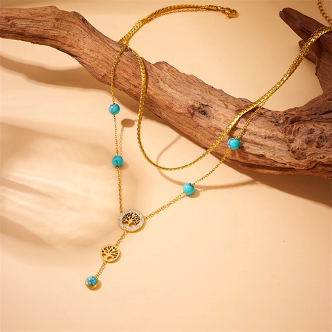 Collana con Ciondolo Albero della Vita in Acciaio Inossidabile Doppio Strato Placcato Oro Perle Turchese Artificiale Gioielli Donna