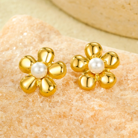 Vintage 18K Gold Plated Stainless Steel Flower Stud Earrings With Artificial Pearl Elegant Floral Jewelry For Women