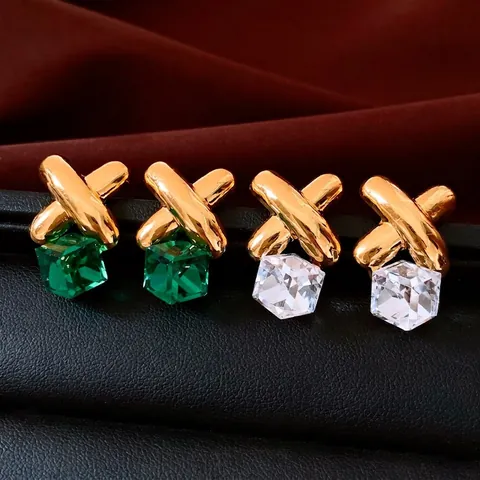 X-Shape Cross Drop Earrings With 925 Sterling Silver Earring Post Alloy Geometric Cube Glass Pendant Vintage Jewelry For Women