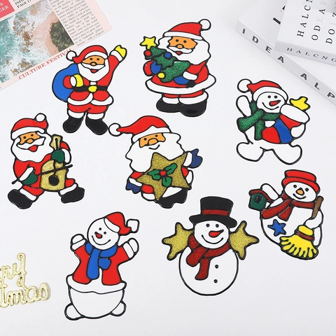 Christmas Window Stickers Glitter PVC Cartoon Santa Snowman Bell Patterns Static Cling Glass Showcase Decoration