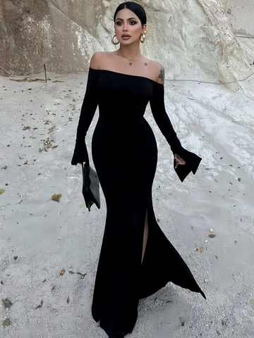 Vestito Maxi Con Spalle Scoperte Maniche Lunghe Vestibilità Aderente Spacco Laterale Tinta Unita Poliestere Spandex Donne
