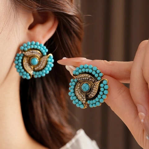 Vintage Blumen Ohrstecker Mit Türkis Rhinestone Und Silberem Ohrsteckerpfosten Böhmischer Ethno Stil Schmuck Für Damen
