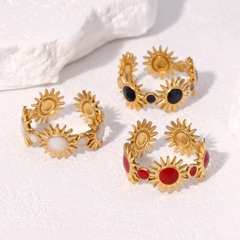 Sun Flower Open Ring Stainless Steel 18K Gold Plated Enamel Sunburst Adjustable Bohemian Jewelry For Women