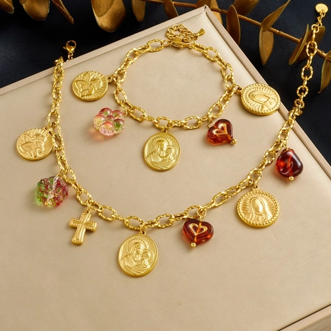 Gioielli Collana E Bracciale In Acciaio Inossidabile Placcato Oro Vintage Con Ciondoli Religiosi Moneta Croce Cuore Fiore Per Donna
