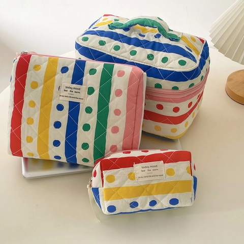 Quilted Makeup Bag Rainbow Polka Dot Stripe Pattern Travel Cosmetic Pouch Large Capacity Portable Toiletry Storage Organizer