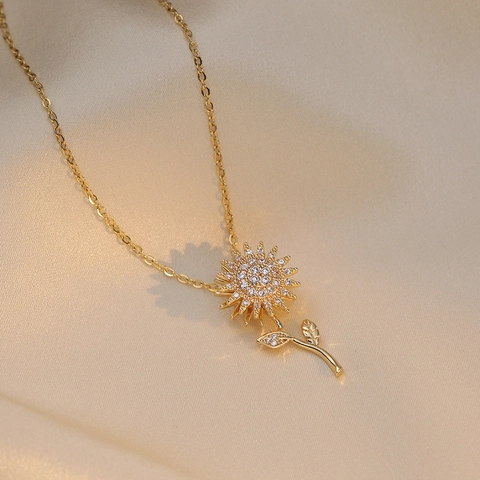 Collier Pendentif Tournesol Rotatif Cuivre Plaqué Or Avec Zircone Cubique Étincelant Bijoux Élégants Pour Femmes