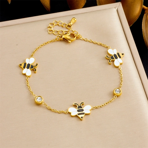 Stainless Steel Honeybee Charm Bracelet Gold Plated Enamel Insect Jewelry With Zircon Adjustable Chain For Women