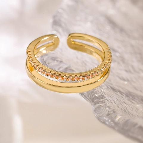 Fashion Copper 18K Gold Plated Zirconia Double Layer Open Ring Simple Heart Adjustable Finger Ring For Women Jewelry Gift