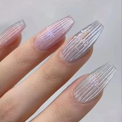 Unghie Finte Ballerina Lunghe A Pressione Effetto Occhio Di Gatto Strisce Verticali Texture Goffrata Stile Di Lusso Per Donne