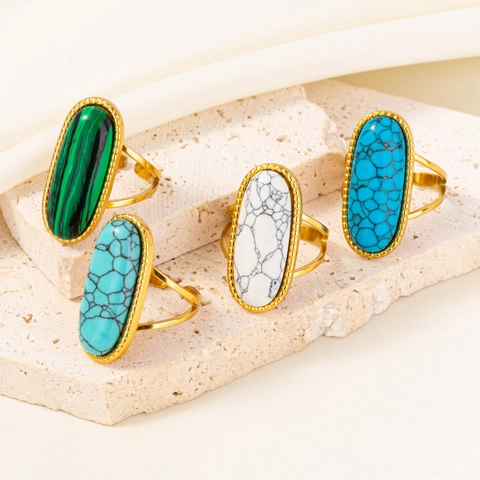Vintage Oval Imitation Stone Stainless Steel Ring Adjustable Bohemian Geometric Finger Jewelry For Men Women