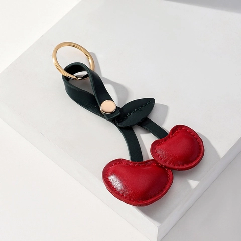 Cute Cherry Bag Charm PU Leather Heart Shape Fruit Keychain For Women Handbag Decor Car Key Accessory Pastoral Style