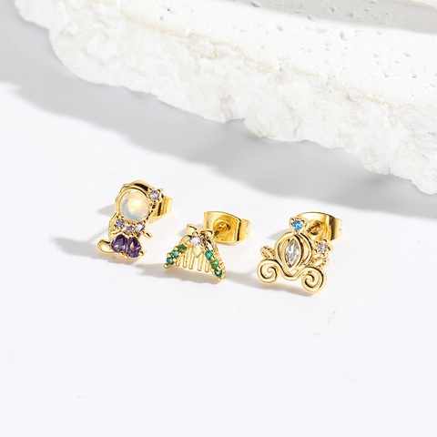 Boucles D'Oreilles Puces Personnage Dessin Animé Conte De Fées Laiton Plaqué Or Zircon Coloré Pavé Citrouille Couronne