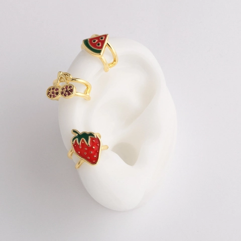Frucht Emaille Ohrklemmen Und Creolen Messing 18K Vergoldet Zirkonia Erdbeere Wassermelone Kirsche Für Damen