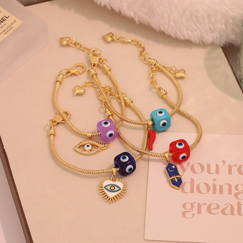 Bracciale A Catena Di Serpente Malocchio Rame Placcato Oro Smalto Cuore Ape Peperoncino Pendente Gioielli Boho Per Donne