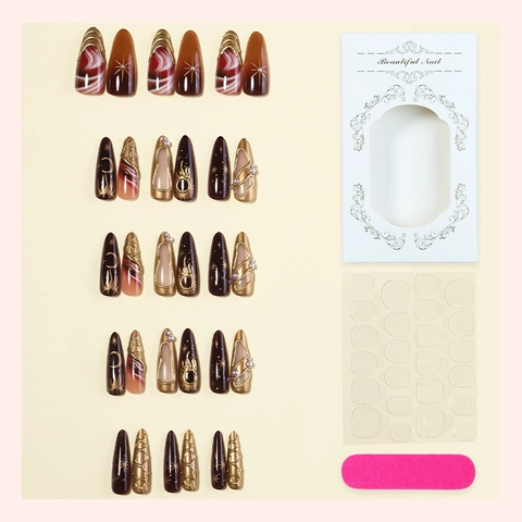 Uñas Postizas Almendradas Press On Estrella Luna Celestial Relieve 3D Francesa Leopardo Textura Mármol Elegantes Decoración Perlas Artificiales