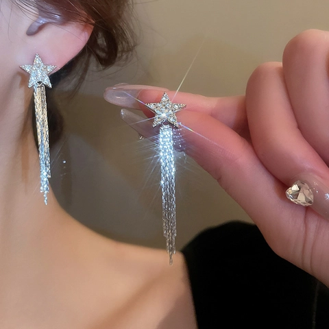 Starburst Lange Quasten Ohrhänger Mit Silver Earring Post Legierung Kupfer Zirkonia Eleganter Schmuck Für Damen