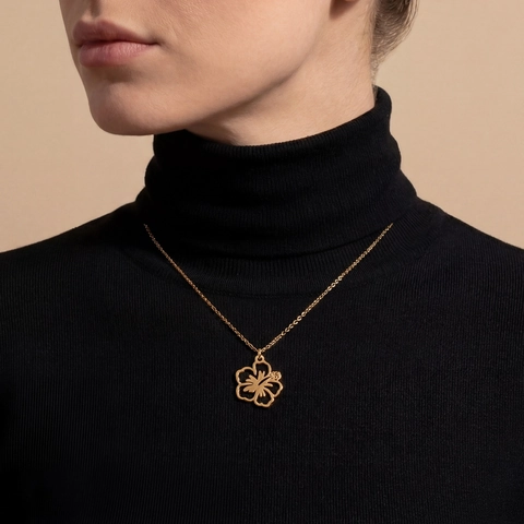 Collar Con Colgante De Flor De Hibisco Hueca Acero Inoxidable Chapado En Oro De 18K Joyería Para Mujer