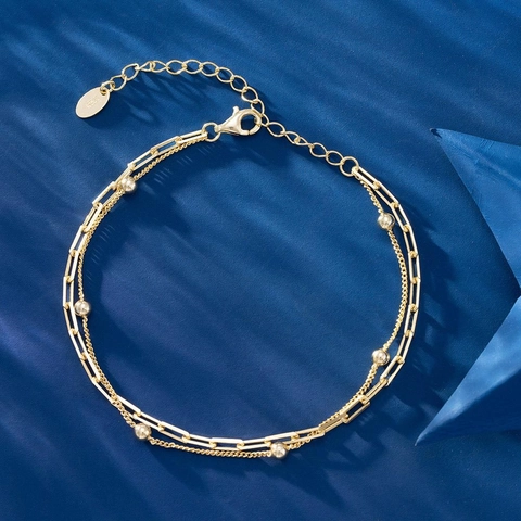 S925 Sterling Silver Double Layer Bracelet For Women Minimalist 14K Gold Plated Paperclip And Bead Chain Adjustable Bracelet