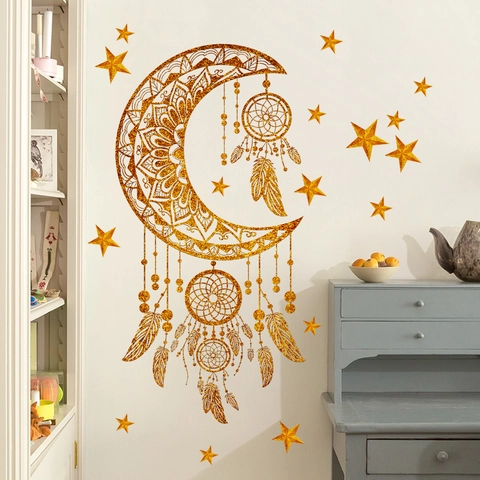 Wall Sticker PVC Gold Glitter Moon Stars Dreamcatcher Self-Adhesive Bohemian Home Decor Decal