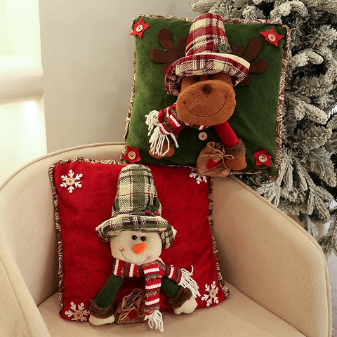 Christmas Pillow Covers Dimensional Santa Snowman Reindeer Sequin Stars Burlap Plush Cushion Case For Home Sofa Decor