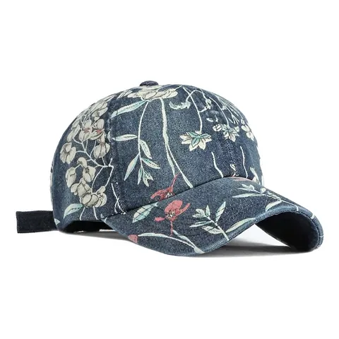 Berretto Da Baseball Con Stampa Floreale Denim Di Cotone Lavato Vintage Protezione Solare Regolabile Cappello Casual