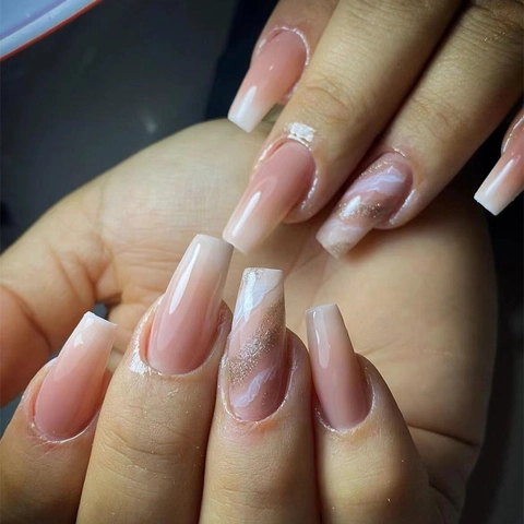 Pink Ombre Press On Nails Marble Design Gold Glitter Long Square Artificial False Nail Wearable Manicure Tool