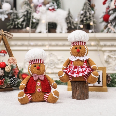Pluche Pop Kerstman Gemberkoek Man Koksmuts Gebreid Vest Rok Kerstversiering Stoffen Koppel Figuren Huis Decoratie