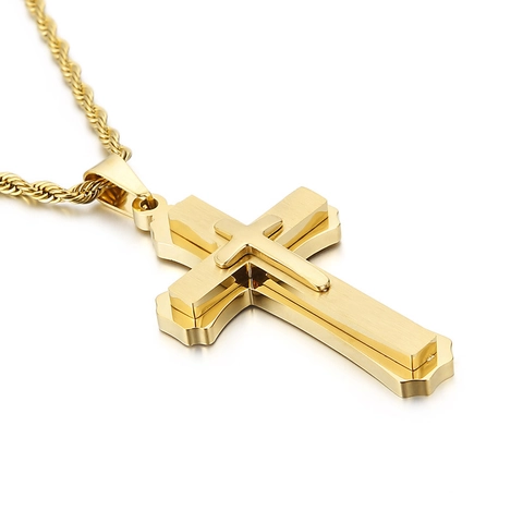 Layered Kreuz Anhänger Halskette Edelstahl Gebürstetes Metall Religiöser Schmuck Für Männer Mode Trendy Accessoires