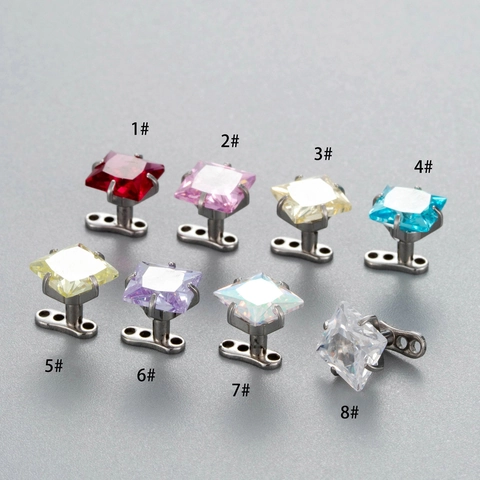 Piercing Microdermal Anclaje Acero Inoxidable Zirconia Cúbica Cuadrada Geométrica Rosca Interna Mujeres Hombres