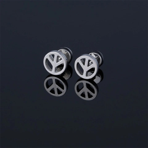 Minimalist Stainless Steel Peace Sign Stud Earrings For Women Men Geometric Round Hollow Barbell Ear Buckle Trendy Jewelry