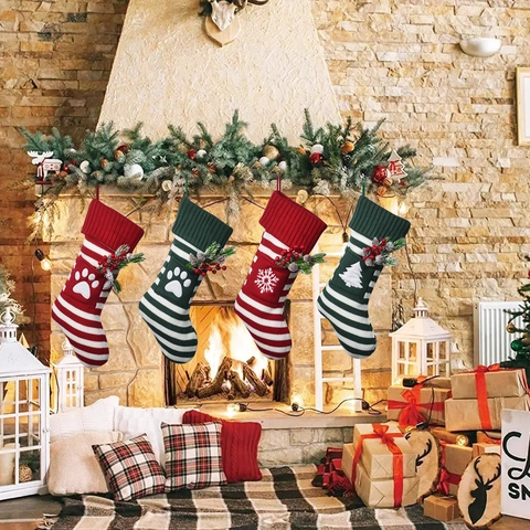 Knitted Striped Christmas Stockings With Paw Snowflake Tree Patterns Festive Gift Bags For Fireplace Mantel Decor