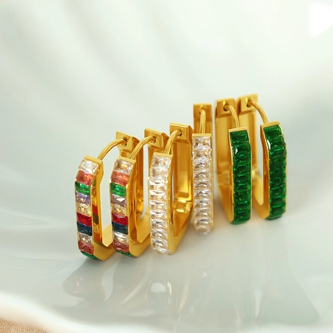 Stainless Steel Rectangular Hoop Earrings Gold Plated Zircon Inlaid Geometric Huggie Minimalist Luxury Jewelry For Women