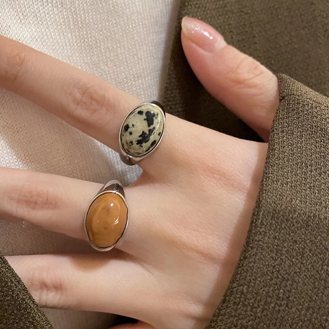 Oval Stone Open Rings Retro Minimalist Copper Silver Plated Adjustable Finger Jewelry For Women