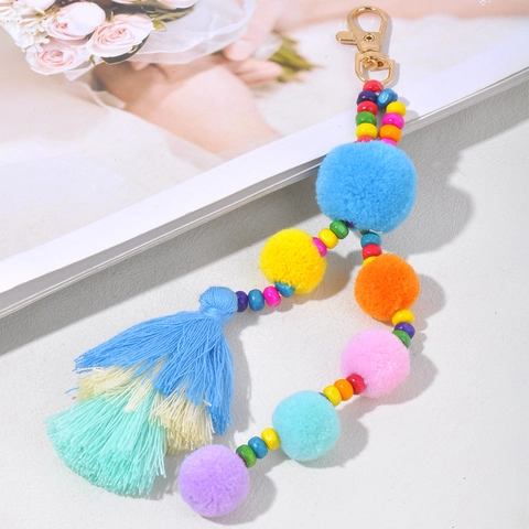 Portachiavi Boho Con Pompon Con Perle Di Legno Colorate E Nappe Per Ciondolo Per Borsa Stile Etnico