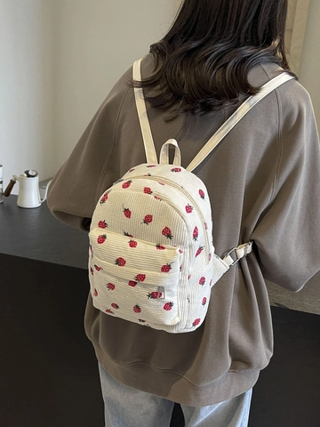 Corduroy Strawberry Print Backpack Cute Small School Daypack For Girls Students Sweet Fresh Style Zipper Closure