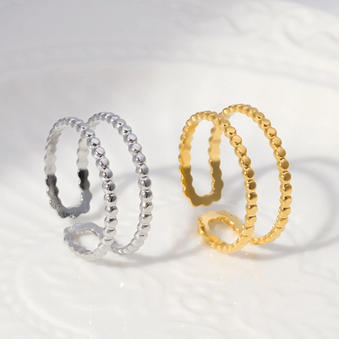 Double Layer Bead Textured Open Ring Stainless Steel Adjustable Two Row Ball Minimalist Fashion Jewelry For Women
