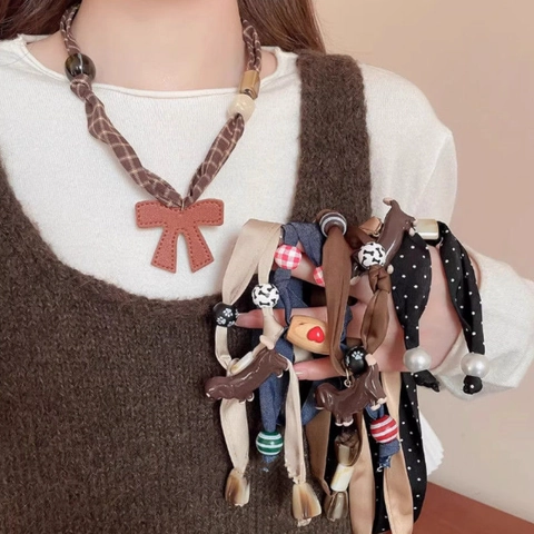 Cute Dachshund Dog Pendant Necklace Fabric Ribbon Wooden Beads Long Sweater Chain Handmade Fashion Jewelry For Women