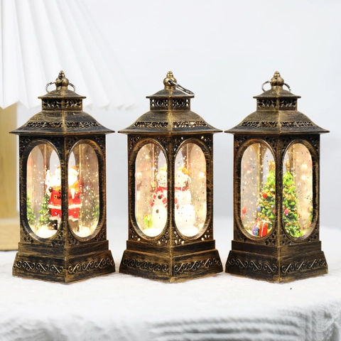 Vintage Christmas Wind Lantern LED Night Light Plastic Luminous Snow Globe With Santa Snowman For Tabletop Home Decor