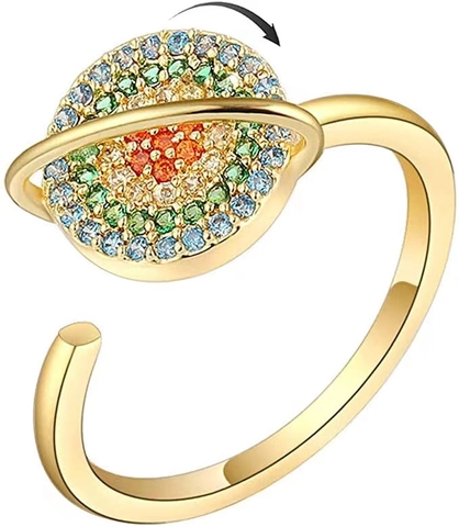Rotating Planet Saturn Ring Multicolor Zircon Adjustable Open Fidget Band Stress Relief Jewelry