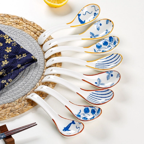 Japanese Style Ceramic Soup Spoon Hand Painted Underglaze Porcelain Heat Resistant Curved Handle Tableware For Kitchen