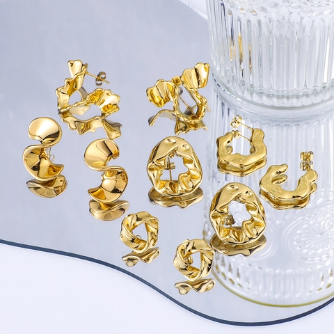 Irregular Geometric Stainless Steel Stud Earrings Wrinkled Molten Texture 18K Gold Plated Minimalist Jewelry For Women